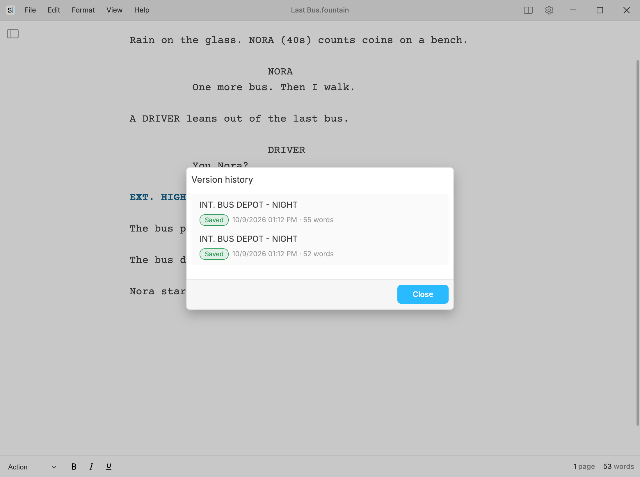 The Version history dialog over a screenplay, listing two versions of it, each labelled Saved, with its date, time and word count.