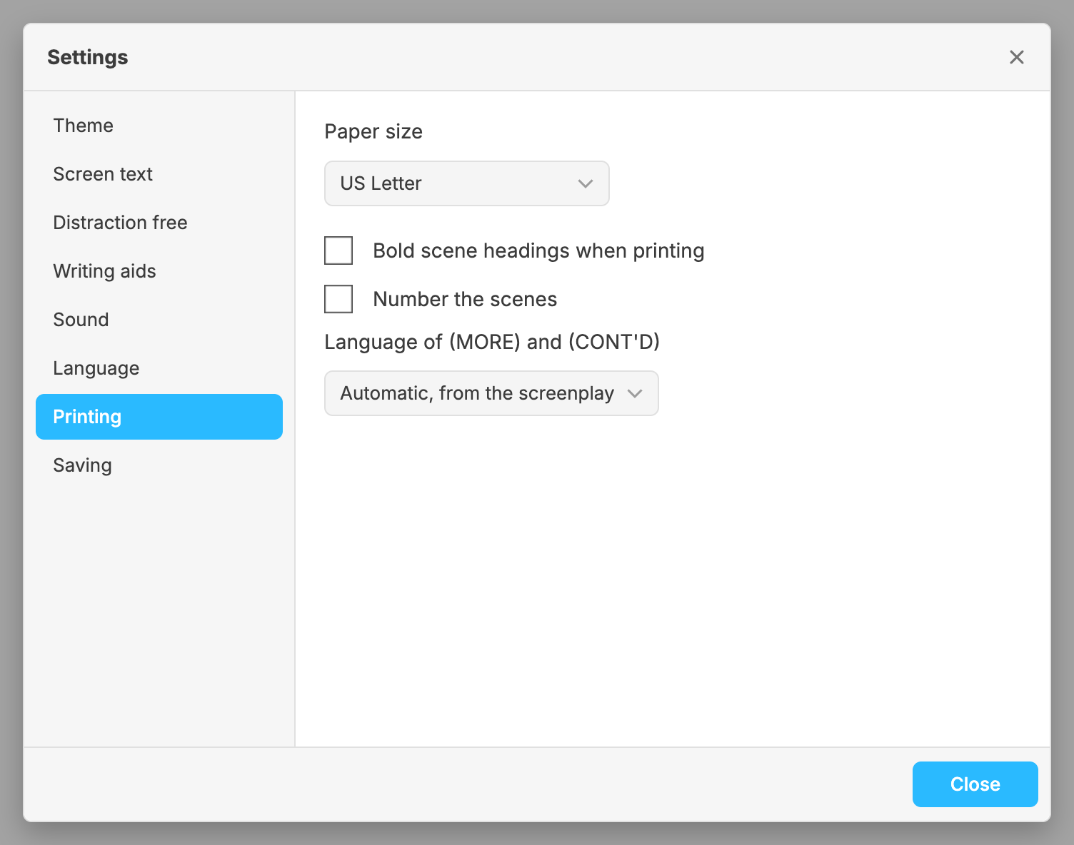 The Printing section of Settings: the Paper size list, set to US Letter; the Bold scene headings when printing and Number the scenes switches, both off; and the Language of (MORE) and (CONT'D) list, set to Automatic, from the screenplay.