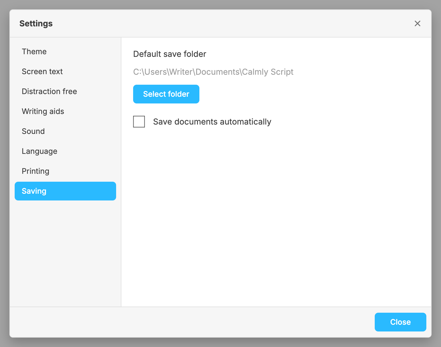 The Saving section of Settings: the default save folder, a Select folder button, and the Save documents automatically switch, off.